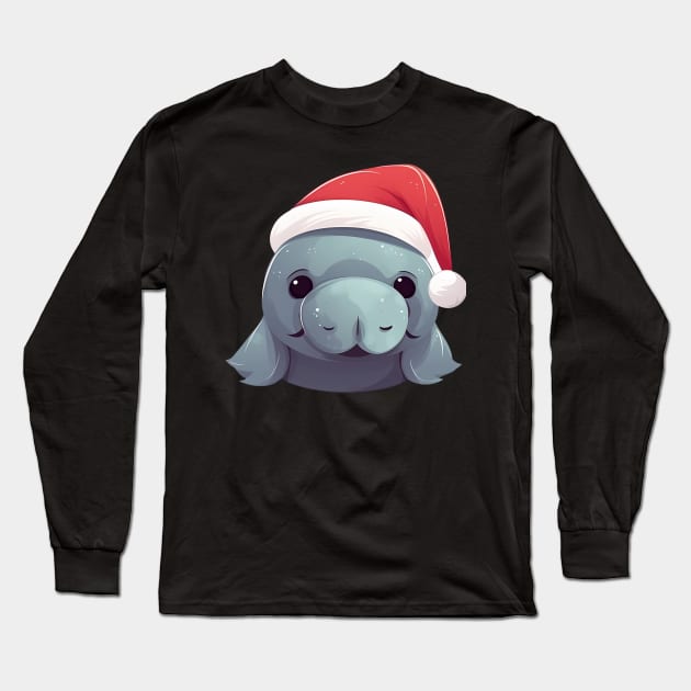 manatee in a Christmas hat Long Sleeve T-Shirt by GraphGeek